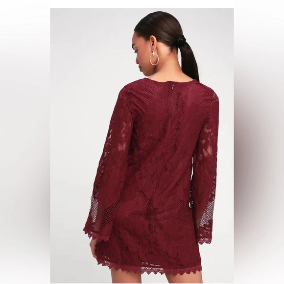 Lulus cranberry lace shift dress with bell sleeves size M - Picture 3 of 14